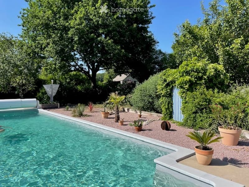 A well-maintained garden area with a swimming pool surrounded by potted plants and trees, creating a serene outdoor space.