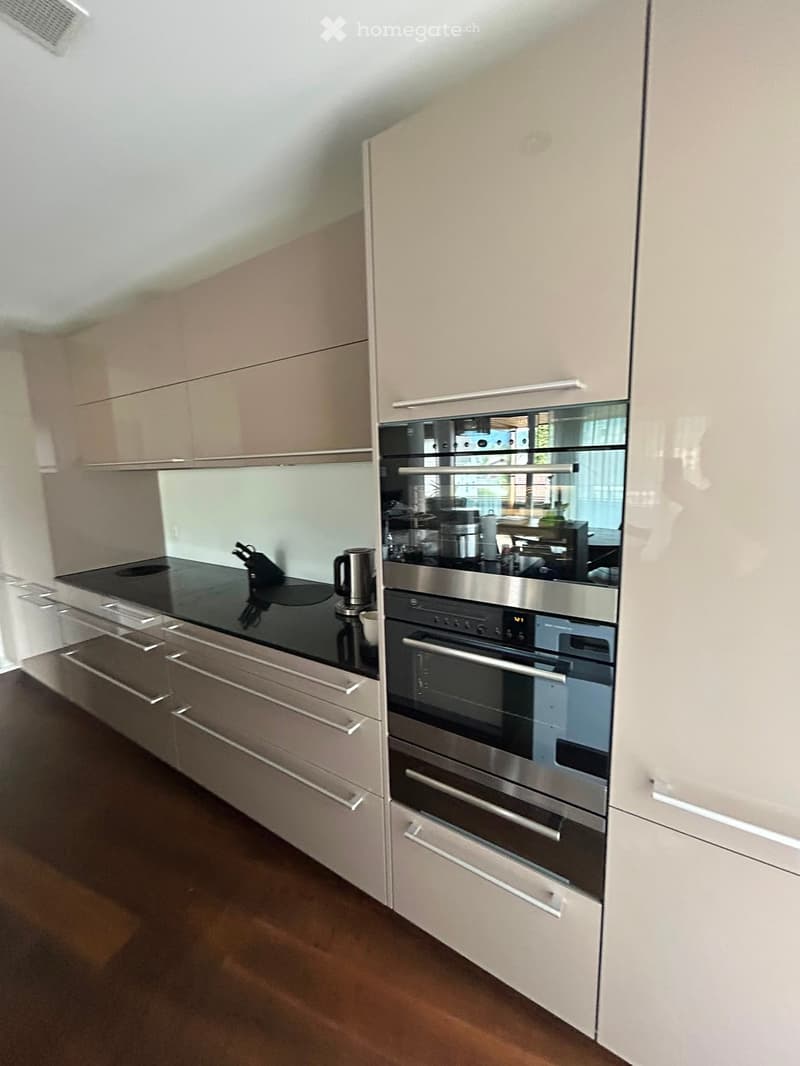 Modern kitchen with light-colored cabinets, stainless steel oven, induction stove, and various appliances.
