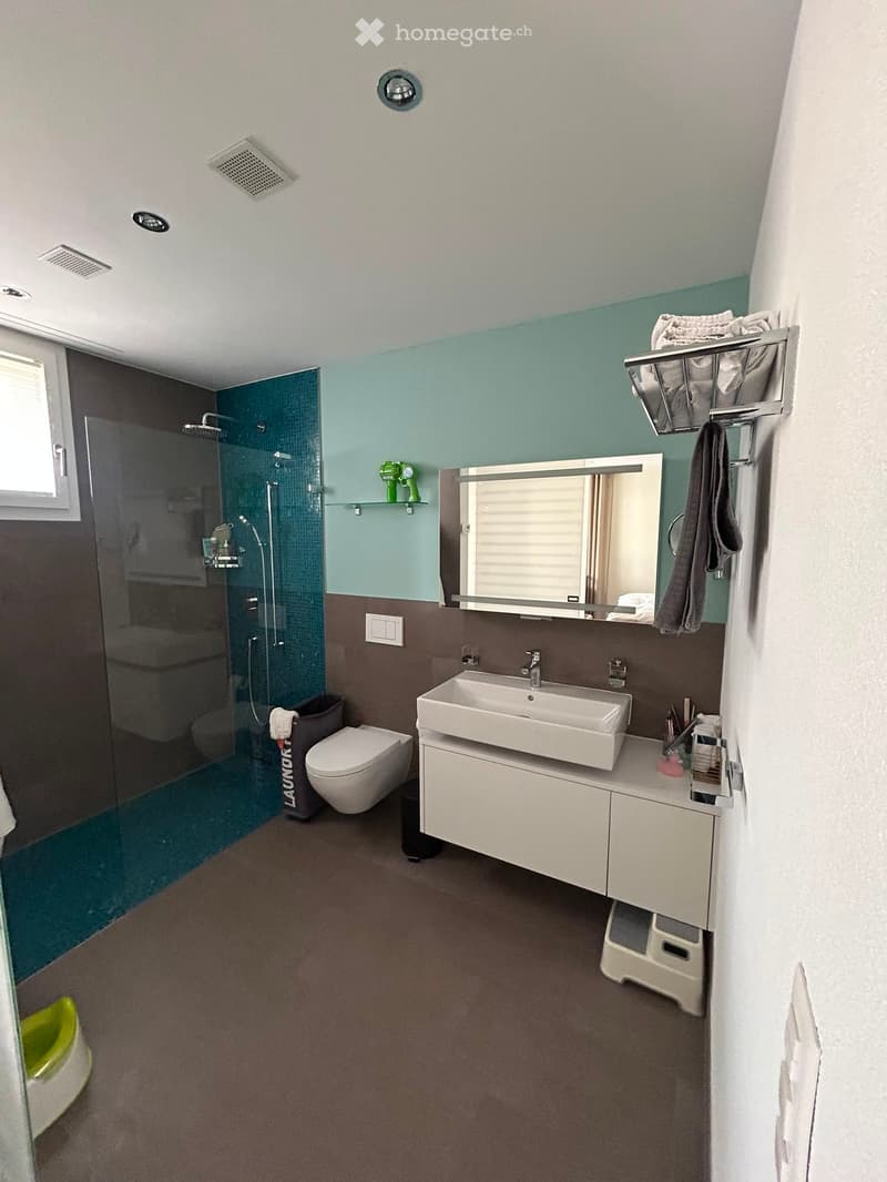 Modern bathroom with a white sink, toilet, large mirror, glass-enclosed shower, and towel rack. Features a two-tone wall design with light blue upper and dark lower sections.