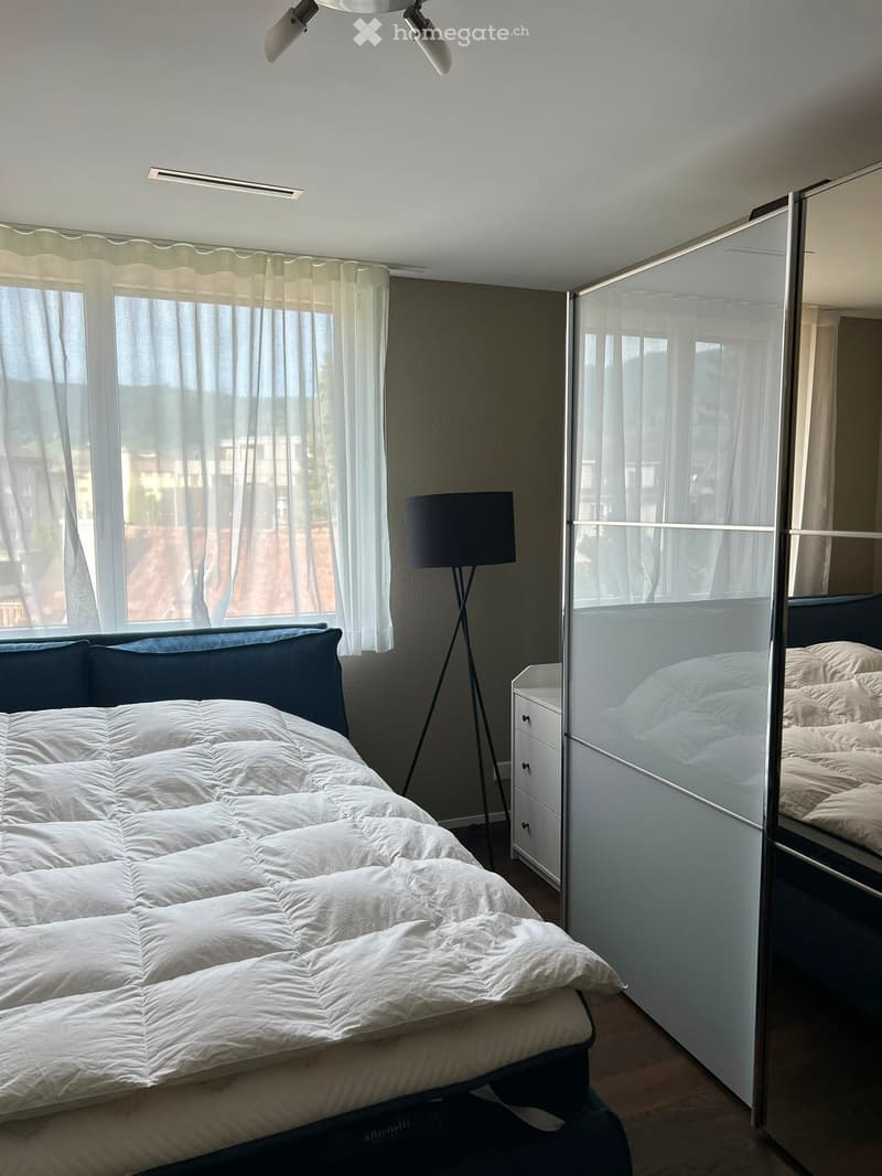 Modern bedroom with a large bed, white bedding, a mirrored wardrobe, and a floor lamp near the window.