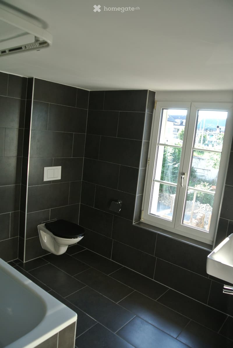 Modern bathroom with black tiled walls and floor, white toilet, white sink, and large window offering a view of the outside.