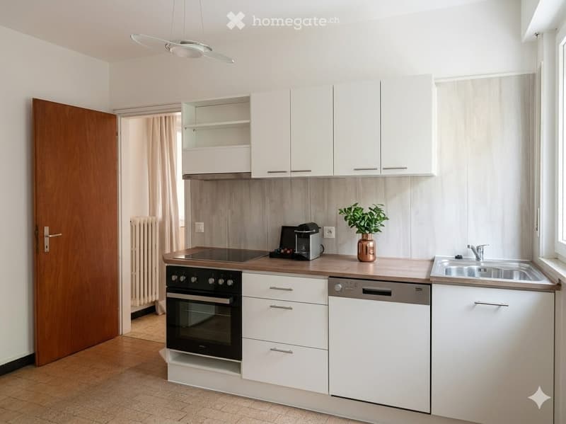 Modern kitchen with white cabinets, wooden countertops, built-in oven, dishwasher, sink, and small potted plant on the counter.