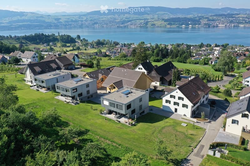 Aerial view of a residential area with modern houses, green lawns, and a scenic lake and mountain view in the background.