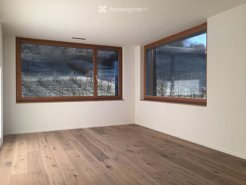 Empty room with wooden flooring and large windows offering a view of a snowy landscape with trees.