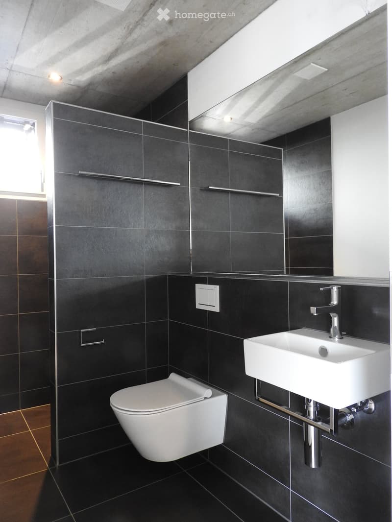 Modern bathroom with dark grey tiles, white toilet, white sink, and chrome faucet.