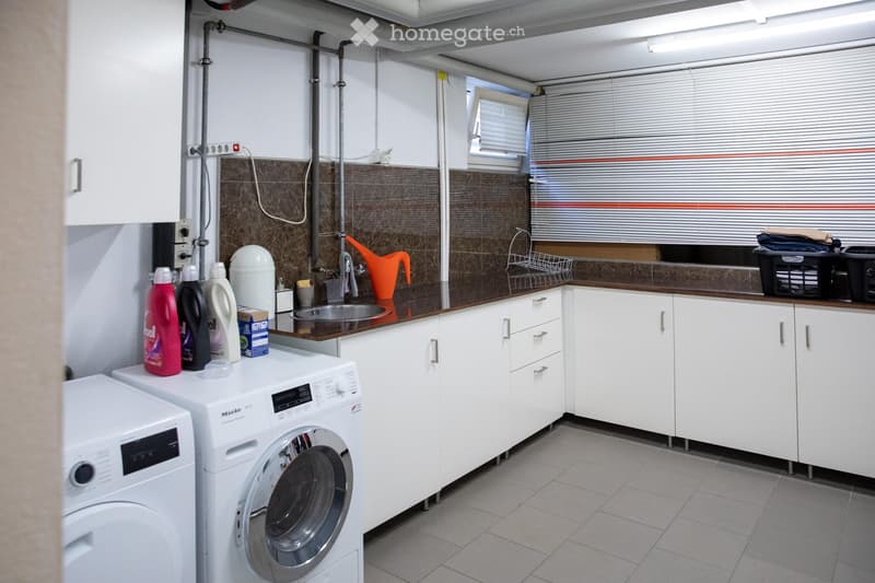 A modern bathroom with white cabinets, a sink, a washing machine, and a dishwasher. The countertop has various cleaning supplies and a laundry basket.