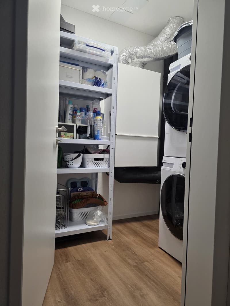 A small, well-organized laundry area with a washing machine, shelves filled with cleaning supplies, and a wooden floor.