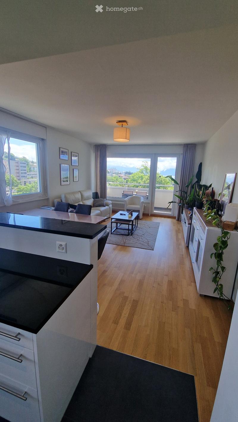 Modern living room with a kitchen area, large windows, balcony access, sofa, coffee table, armchair, and plants.