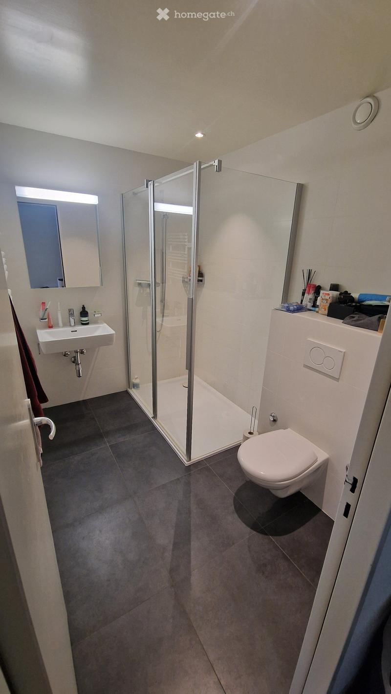 Modern bathroom with a glass-enclosed shower, white sink, toilet, and a mirror above the sink. The floor is tiled in dark gray, and the walls are light beige.