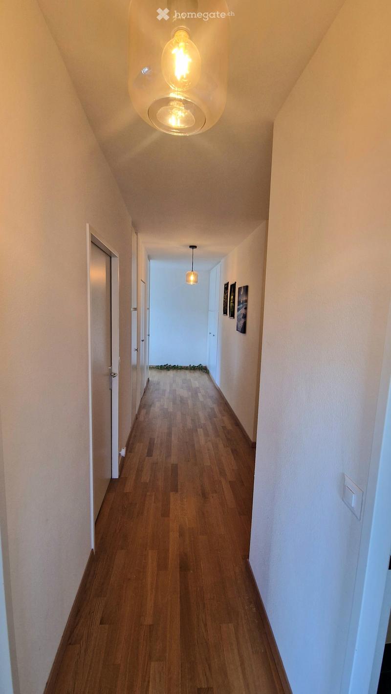 A narrow hallway with wooden flooring, white walls, and modern lighting fixtures. Doors are visible on both sides, and there are framed pictures on the right wall.