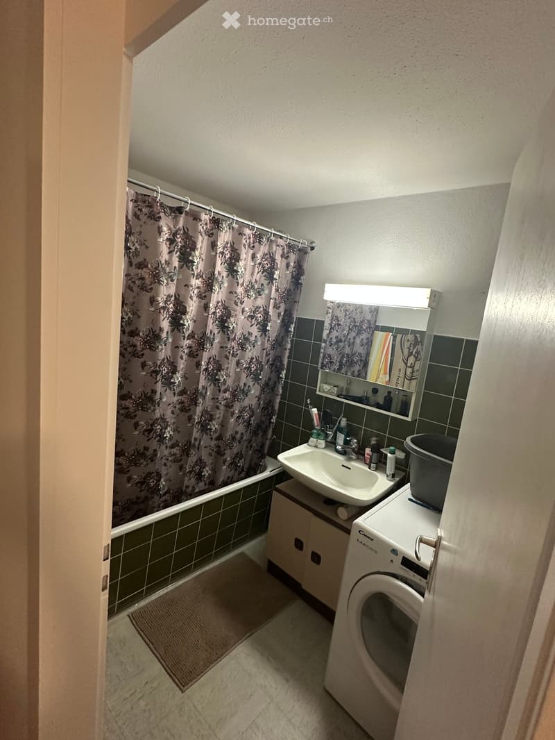 Bathroom with a sink, mirror, shower curtain, bathtub, washing machine, and cabinet.