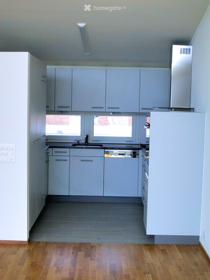 Modern kitchen with white cabinets, a sink, and a dishwasher. The space features wooden flooring and large windows allowing natural light to enter.