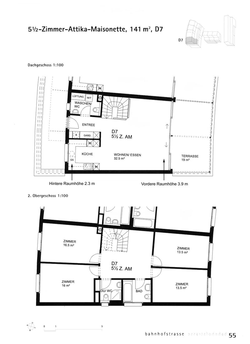 Floor plan of a 5.5-room attic maisonette with 141 m² total area. Includes living/dining area, kitchen, terrace, three bedrooms, bathroom, and washroom.