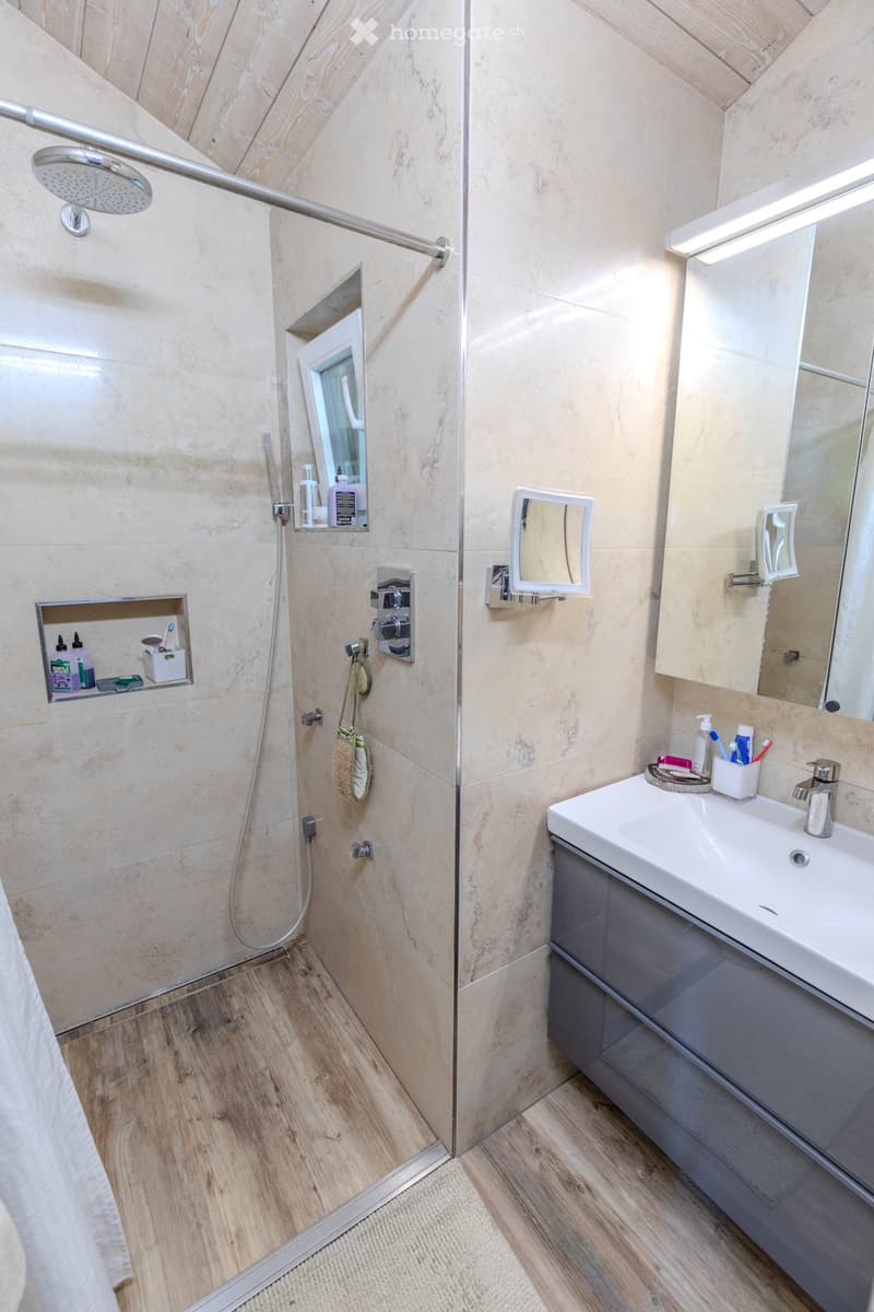 Modern bathroom with a walk-in shower and a sink vanity. Features include a large mirror, built-in storage, and a sleek, contemporary design.