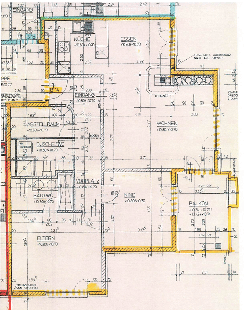 Floor plan of a residential unit showing multiple rooms including kitchen, living area, bedrooms, bathrooms, and a balcony.