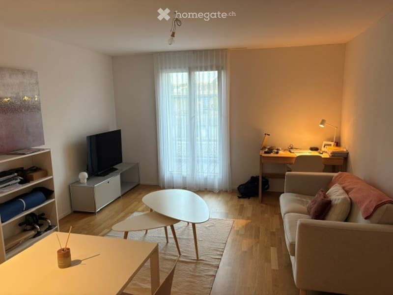 A modern living room with a sofa, coffee table, chair, and a small table. There is a TV on a stand, a shelf with various items, and a desk with a lamp and a chair. The room has wooden flooring and large windows with sheer curtains.
