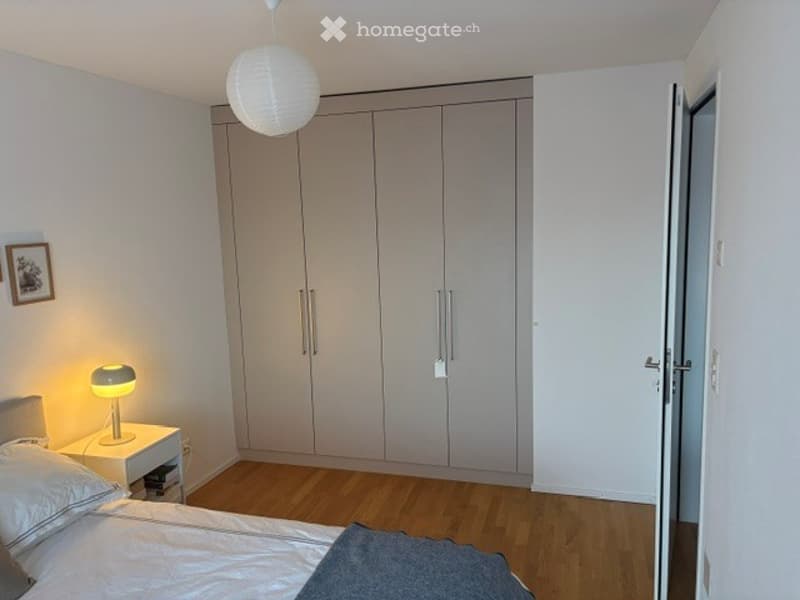 Modern bedroom with a large bed, nightstand with a lamp, built-in wardrobe, and a picture frame on the wall.