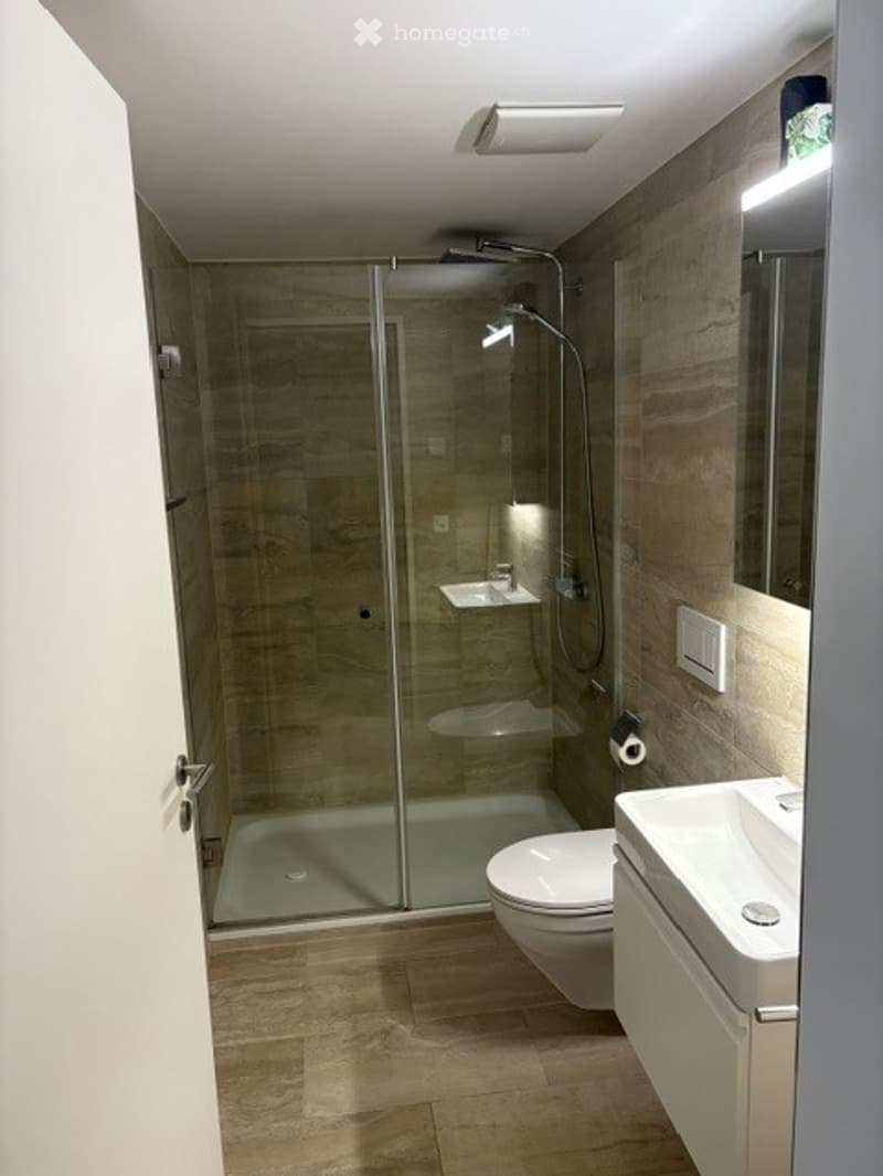Modern bathroom with a glass-enclosed shower, toilet, sink, and a mirror above the sink. The walls are tiled in a neutral tone, and the floor is covered with light-colored tiles.