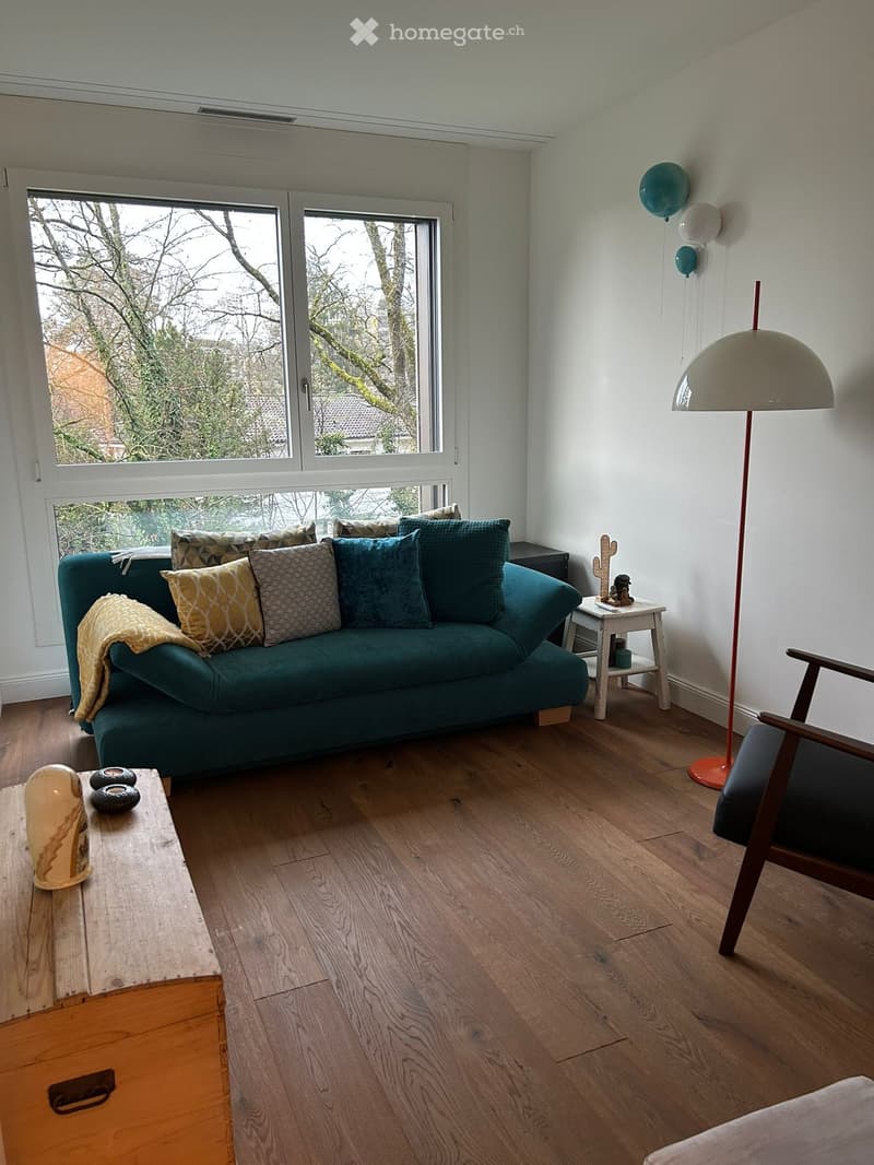 Modern living room with a green sofa, wooden floor, large windows, and a floor lamp.