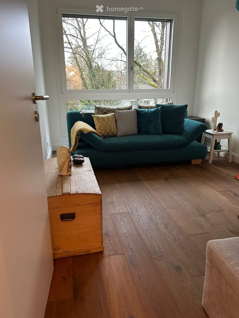 Living room with a green sofa, wooden chest, and large windows with a view of trees outside