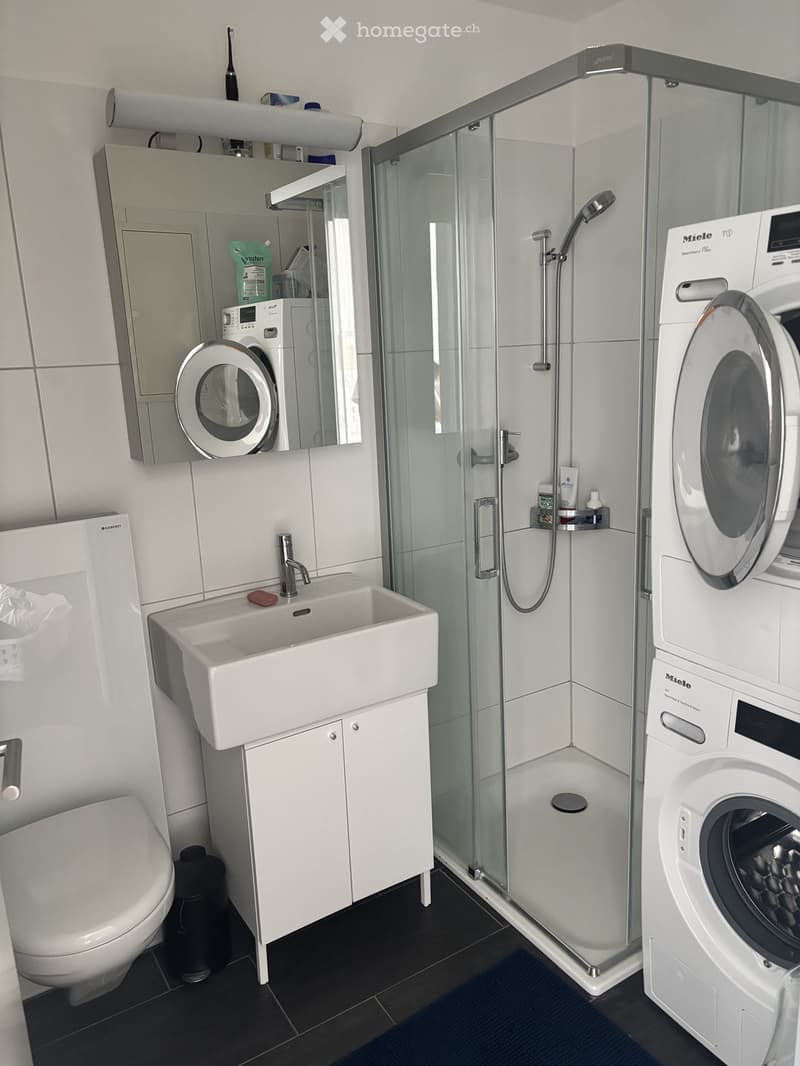 Modern bathroom with white tiles, a glass-enclosed shower, a sink with a mirror, a toilet, and a washing machine.