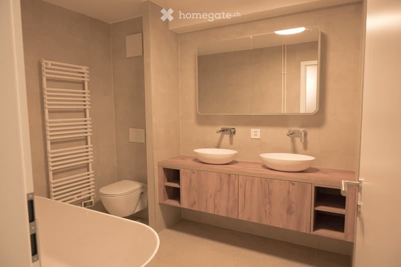 Modern bathroom with a large mirror, double sink vanity, bathtub, toilet, and a white radiator.