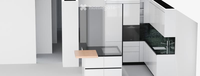 Modern kitchen with white cabinets, black countertop, stainless steel sink, and a single wooden stool.