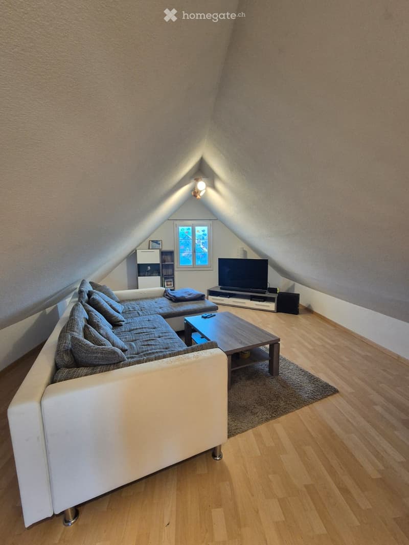 Cozy living room with slanted ceiling, white sectional sofa, wooden coffee table, TV stand, bookshelf, and warm lighting.