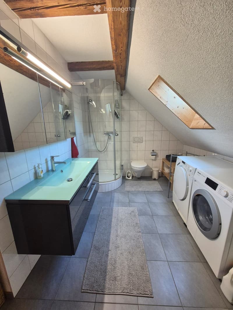 Modern bathroom with a sleek sink, mirror, toilet, shower, and washing machine. Features exposed wooden beams and a skylight window.
