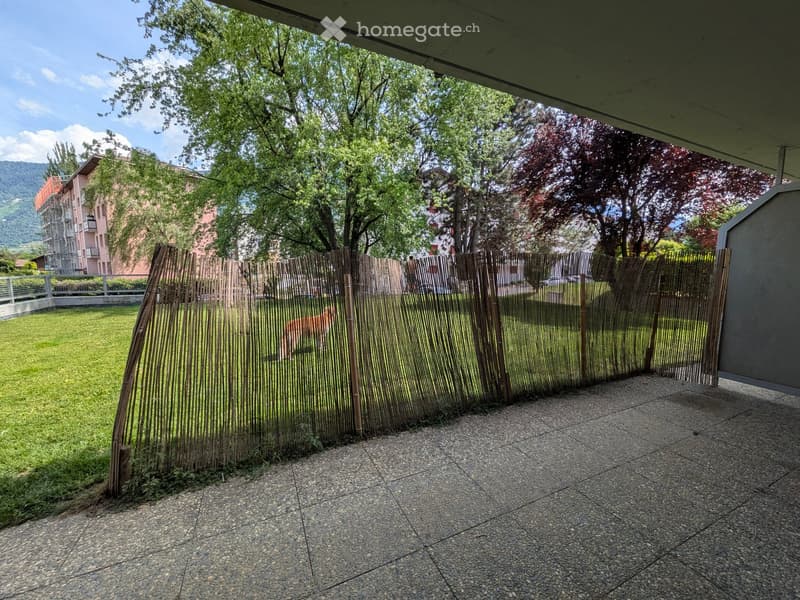 Garden area with a wooden fence, grassy lawn, trees, and a view of surrounding buildings and mountains.