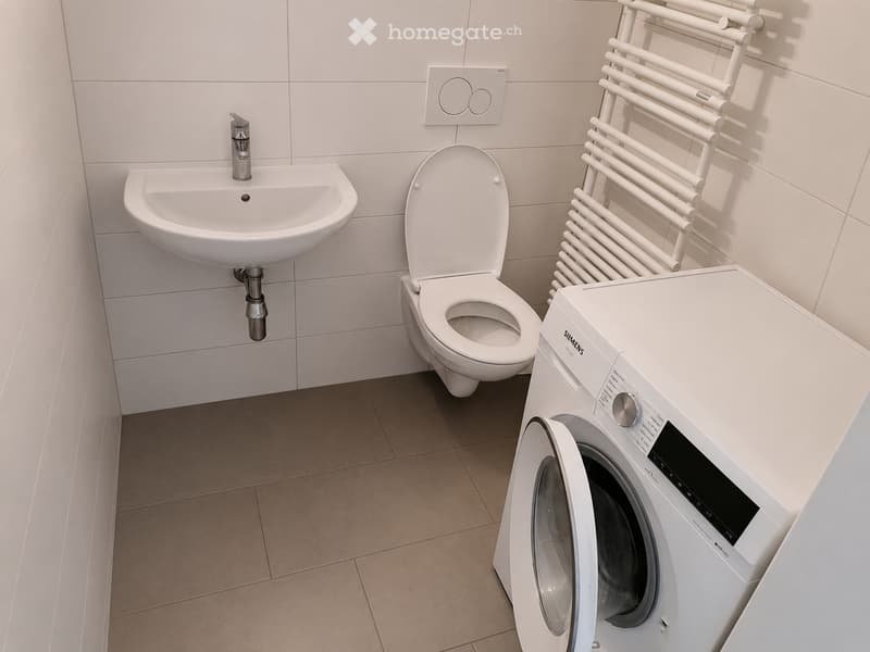Modern bathroom with white tiles, a sink with a chrome faucet, a toilet, a Siemens washing machine, and a white radiator.