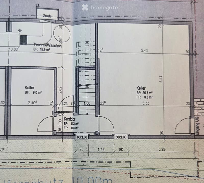 Floor plan of a basement level showing multiple rooms including a Technik/Waschen area, two Keller rooms, and a Korridor. Dimensions and floor areas are labeled.