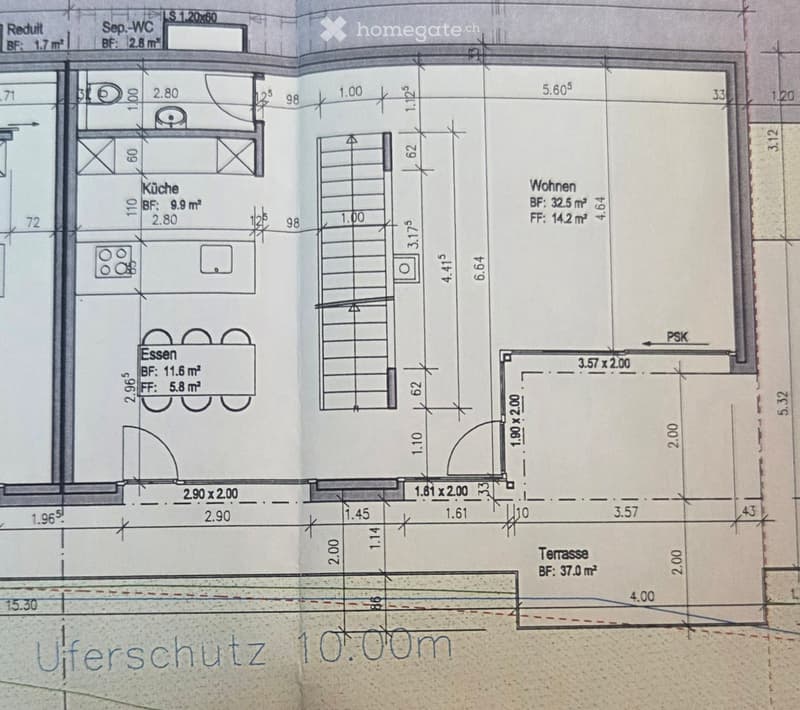 Floor plan showing a kitchen, dining area, living room, and terrace with measurements and room labels.