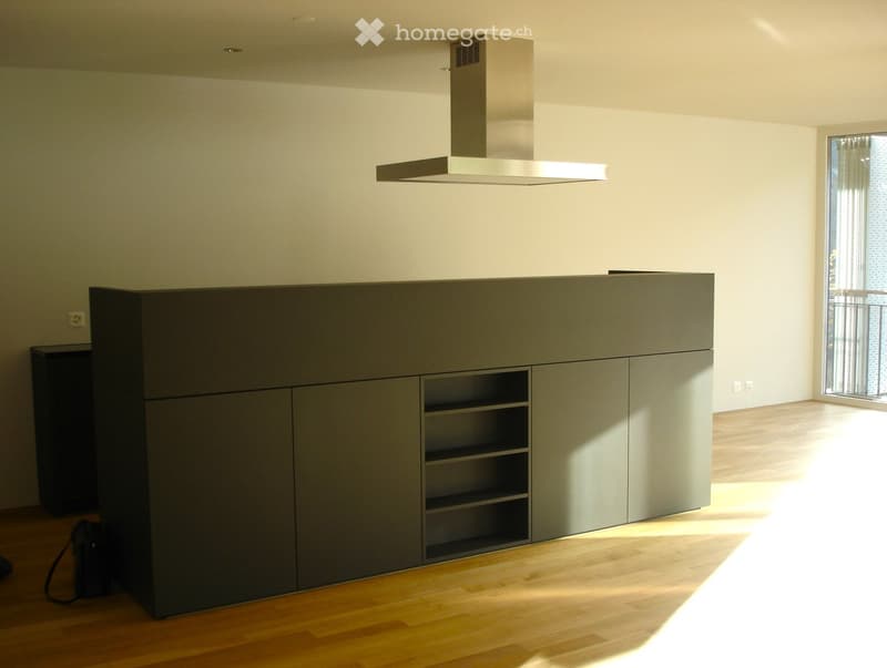 Modern kitchen with grey cabinets, a range hood, and wooden flooring.