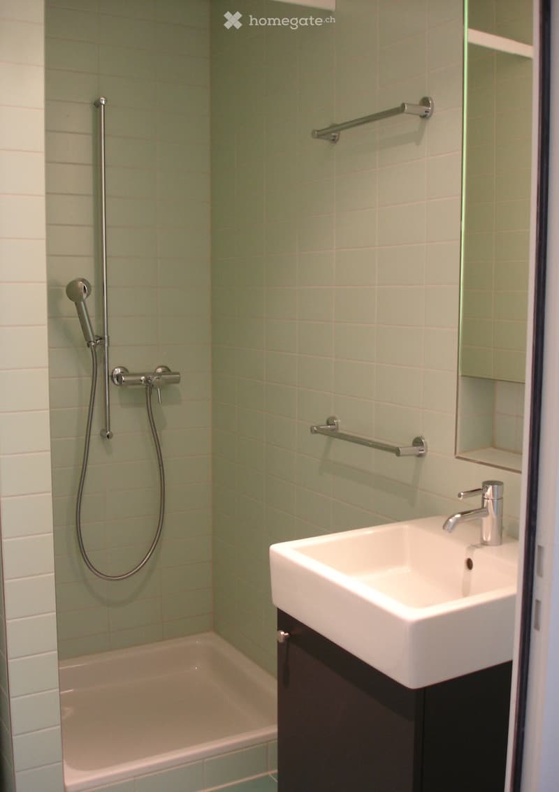 Modern bathroom with a bathtub, a white sink with a chrome faucet, a showerhead, and a handrail on the wall.