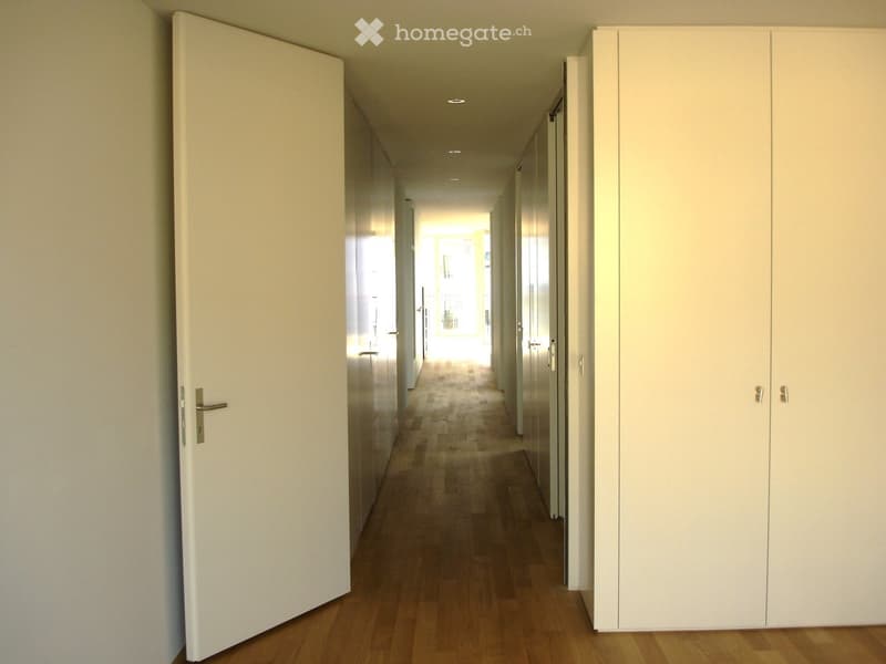 A modern, minimalist hallway with wooden flooring, white walls, and several closed white doors on both sides.
