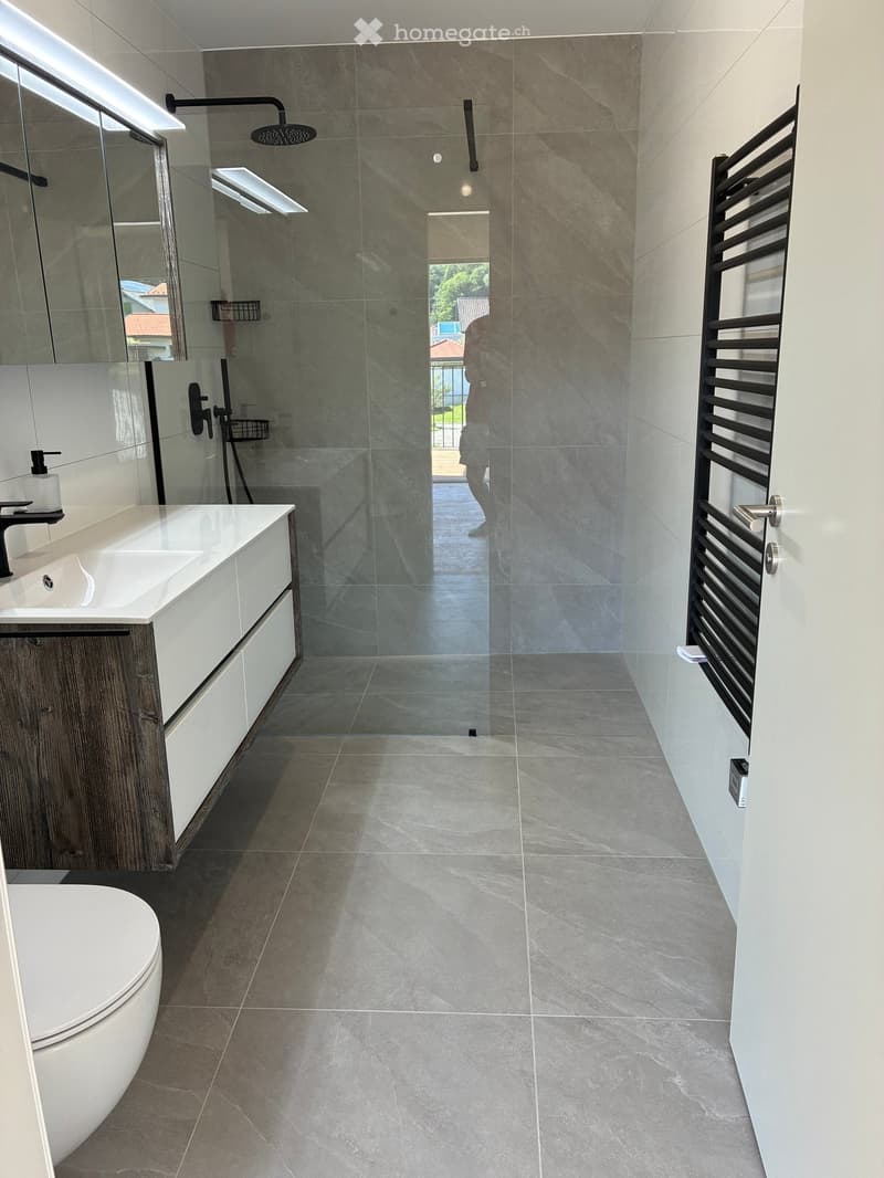Modern bathroom with a large shower area, a sink with a modern faucet, a toilet, and a towel rack. The walls are tiled with a mix of light and dark tiles, and the floor is covered with large, polished tiles.