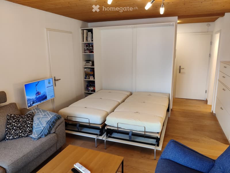 Cozy living room with a sofa, coffee table, TV, and two beds, along with a bookshelf and a chair.