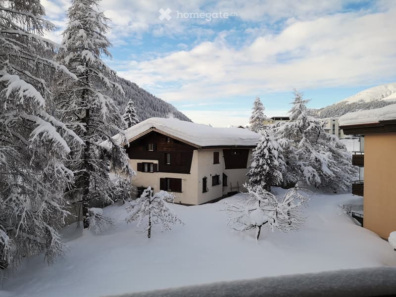 A snow-covered house with a traditional wooden facade, surrounded by snow-laden trees and a mountainous backdrop.