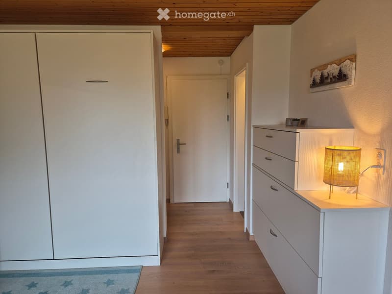 Clean, modern hallway with wooden flooring, white walls, built-in storage units, and a small side table with a lamp.