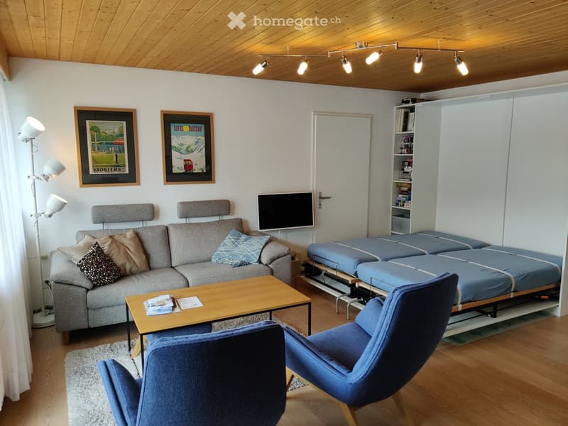 Living room with a grey sectional sofa, wooden coffee table, two blue armchairs, a TV screen, a bookshelf, and a floor lamp. The room features wooden flooring and white walls with framed artwork.