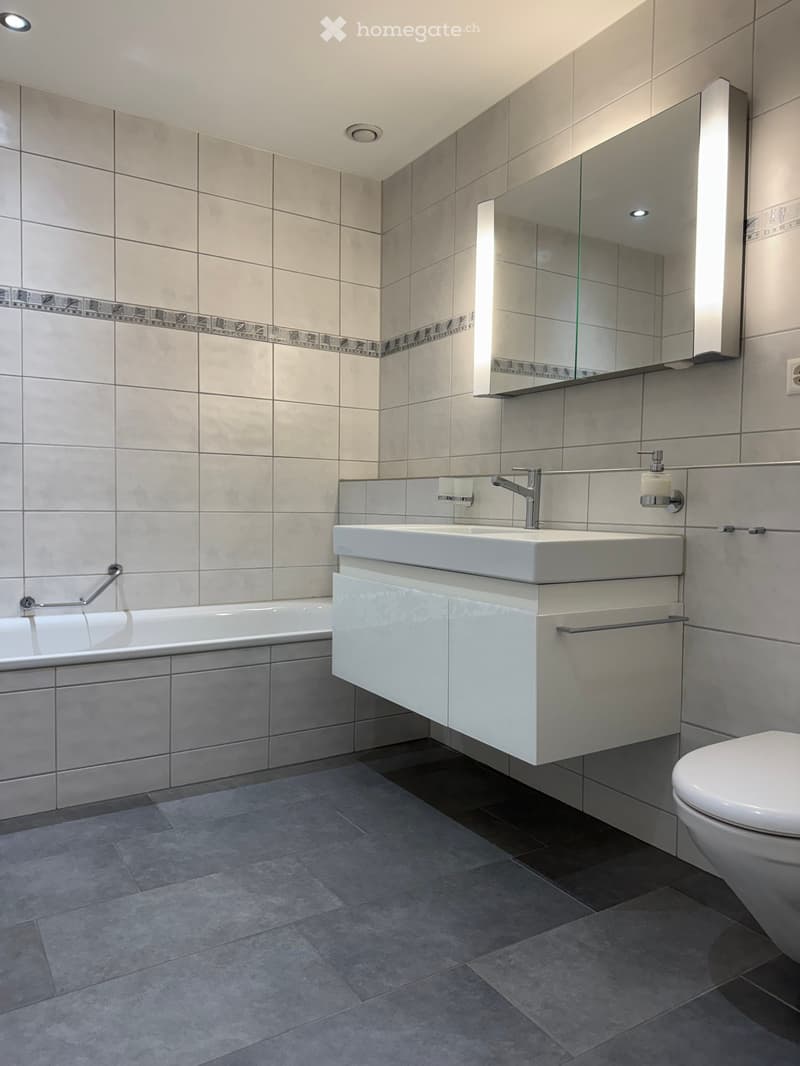 Modern bathroom with a bathtub, sink, toilet, and large mirror. Features grey tiles and a sleek, contemporary design.