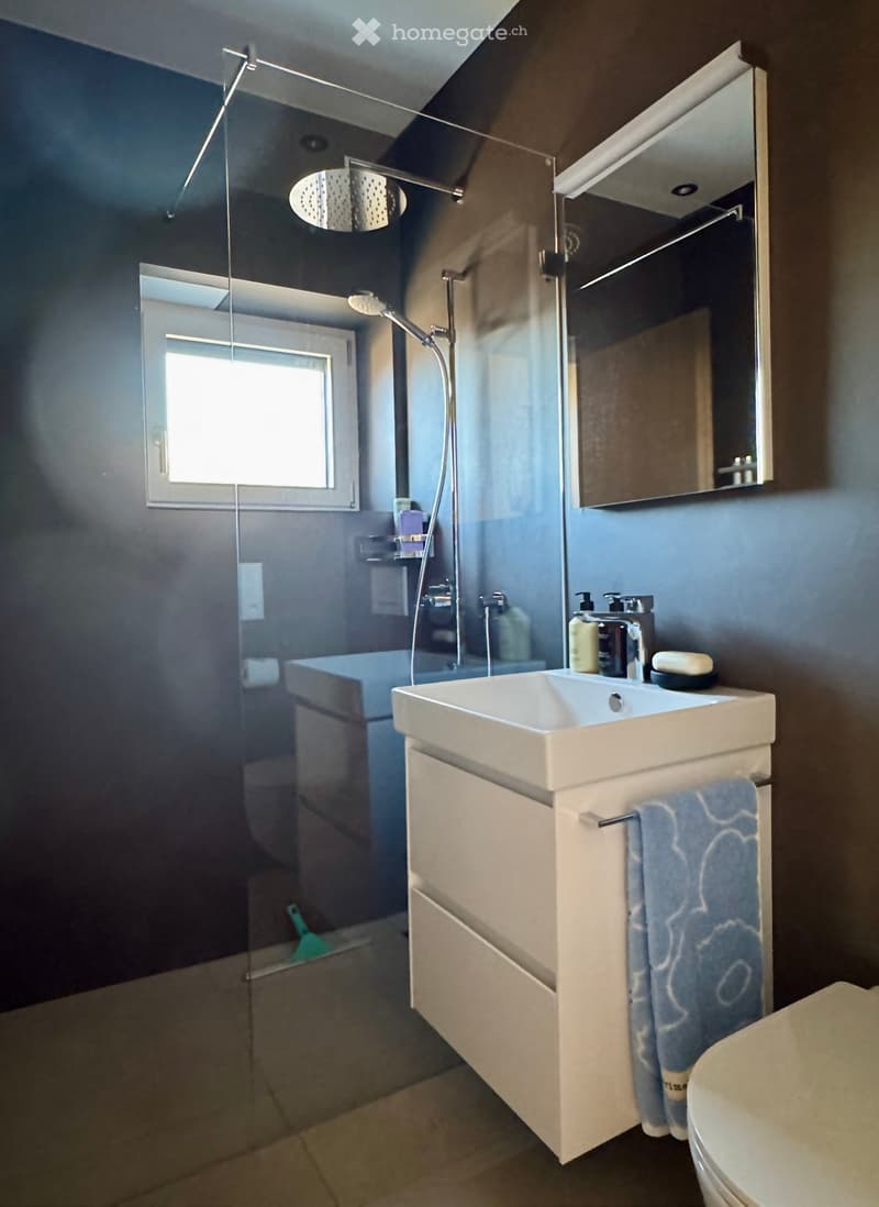 modern white tiled bathroom with glass walk-in shower, vanity with drawers, sink, mirror, window, white toilet