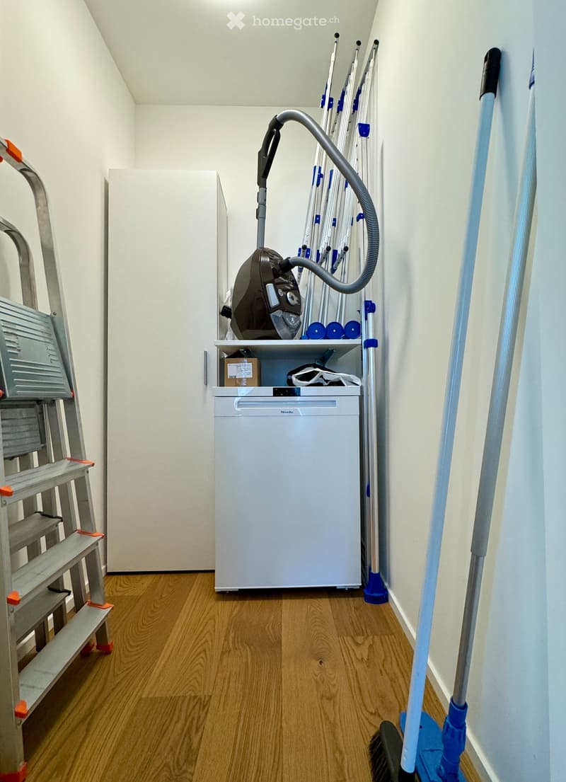 Dishwasher and washing machine, hardwood floors, small ladder, brooms