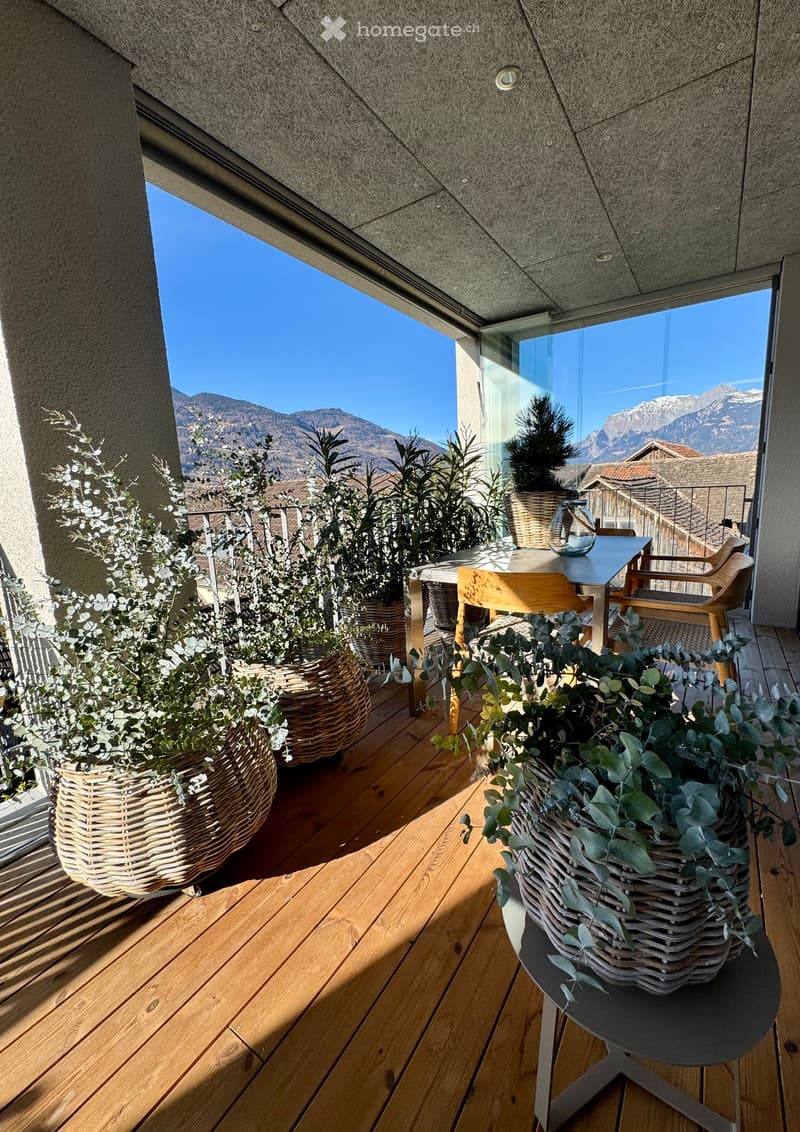 glass walls, wicker furniture, plants in wicker baskets, wooden deck, metal table, metal chairs, mountains in the distance