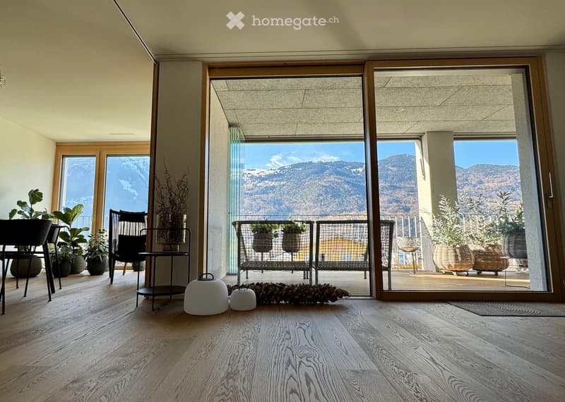 glass doors leading to balcony, wooden floor, modern decor, balcony furniture, wooden chairs, plants, wide view of mountains, daylight
