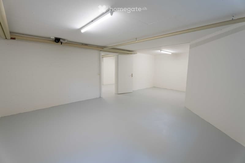 Empty room with white brick walls, grey concrete floor, and white ceiling with fluorescent lighting. No furniture or equipment present.