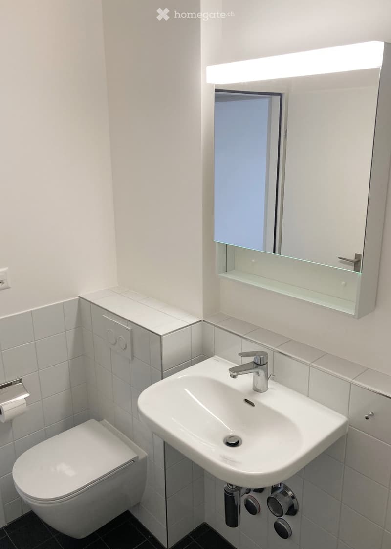Modern bathroom with white tiles, a toilet, a sink with a chrome faucet, a mirrored cabinet with a built-in shelf, and a light fixture above the mirror.