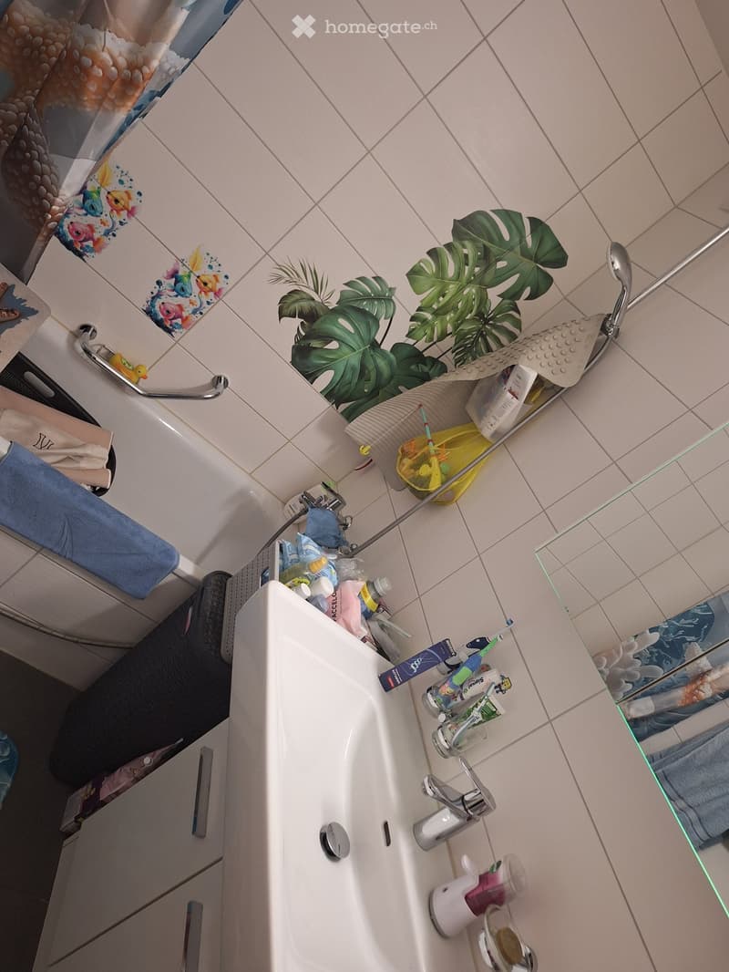 A modern bathroom with a white sink, mirror, and various toiletries. A large leafy plant is placed near the shower area, and a colorful shower curtain with fish designs is visible.