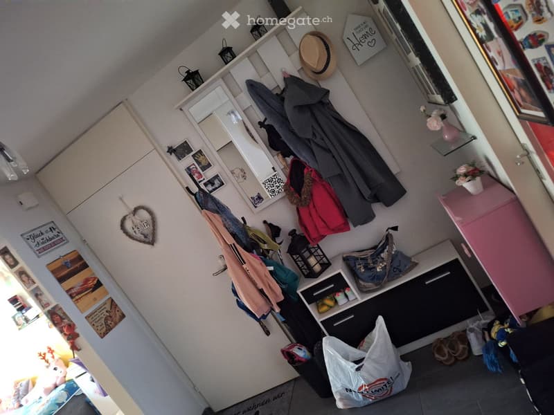 A well-organized hallway with a coat rack holding multiple coats, a hat, picture frames on the wall, a small pink cabinet with a vase, and a handbag on a shelf.